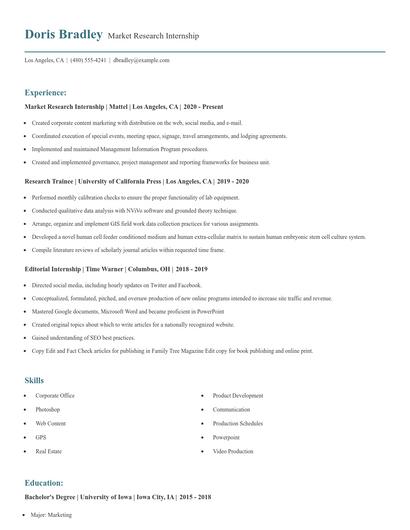 Market Research Internship Resume