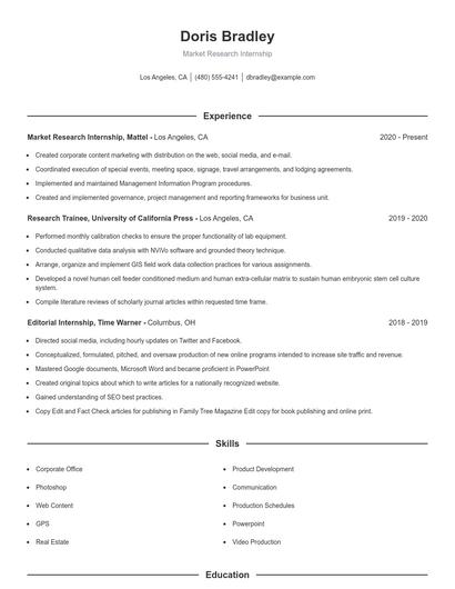 Market Research Internship Resume