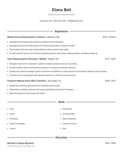 Market Survey Representative Resume