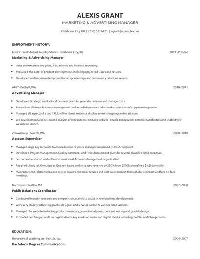 Marketing & Advertising Manager Resume