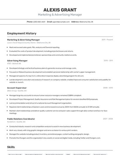 Marketing & Advertising Manager Resume