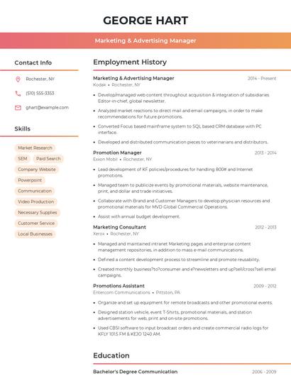 Marketing & Advertising Manager Resume
