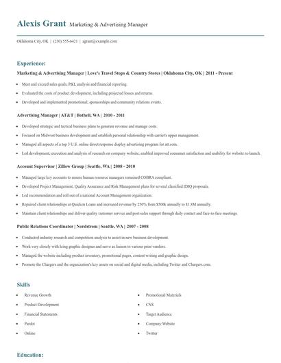 Marketing & Advertising Manager Resume