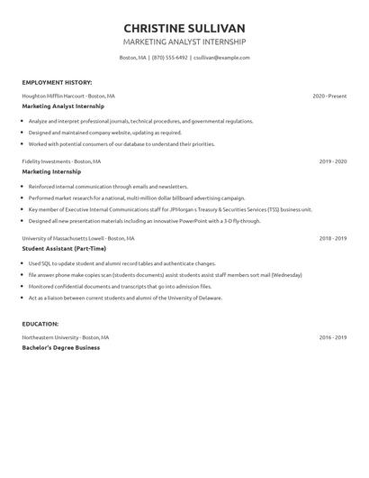Marketing Analyst Internship Resume