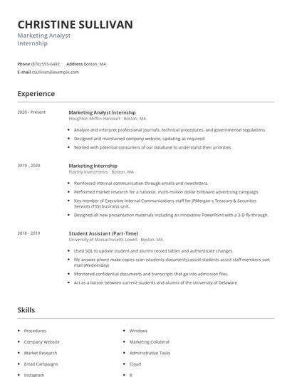 Marketing Analyst Internship Resume