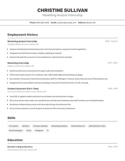Marketing Analyst Internship Resume