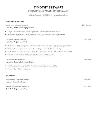 Marketing And Advertising Specialist Resume
