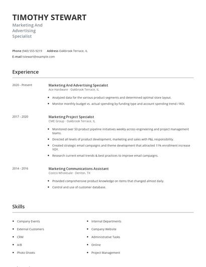 Marketing And Advertising Specialist Resume