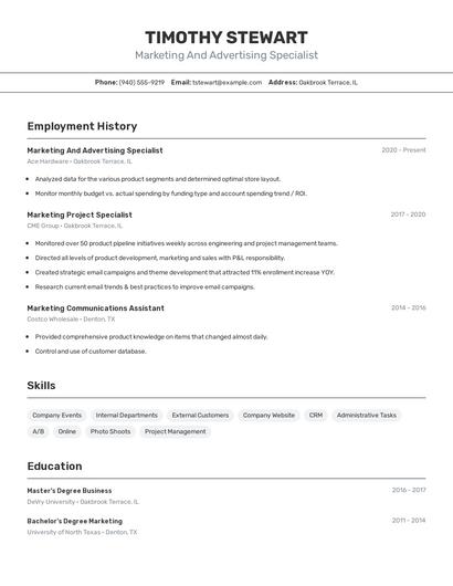 Marketing And Advertising Specialist Resume