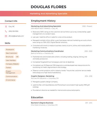 Marketing And Advertising Specialist Resume