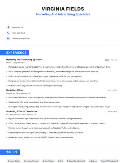 Marketing And Advertising Specialist Resume