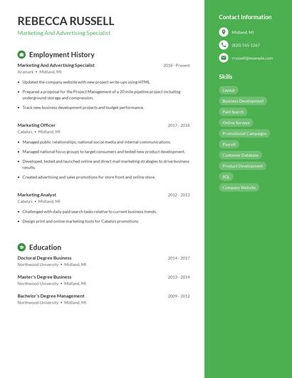 Marketing And Advertising Specialist Resume