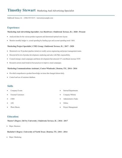 Marketing And Advertising Specialist Resume