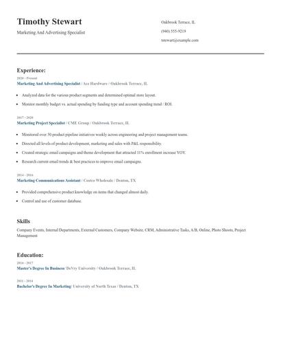 Marketing And Advertising Specialist Resume