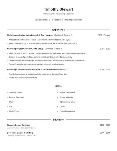 Marketing And Advertising Specialist Resume