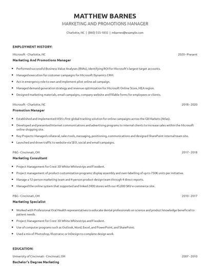 Marketing And Promotions Manager Resume
