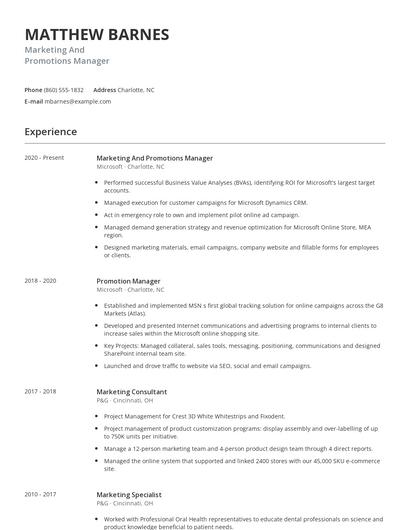 Marketing And Promotions Manager Resume