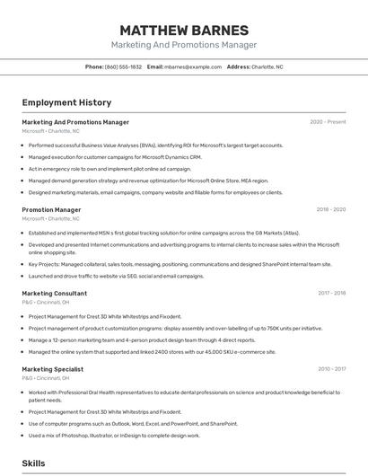 Marketing And Promotions Manager Resume