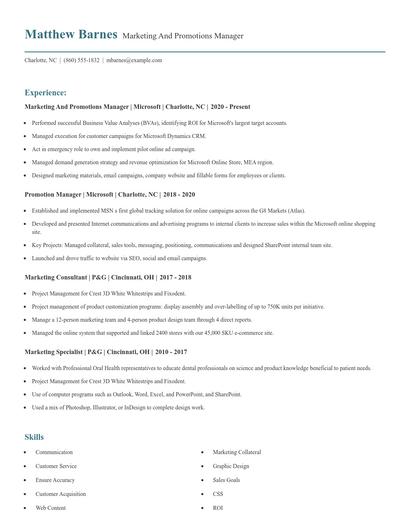 Marketing And Promotions Manager Resume