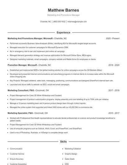 Marketing And Promotions Manager Resume