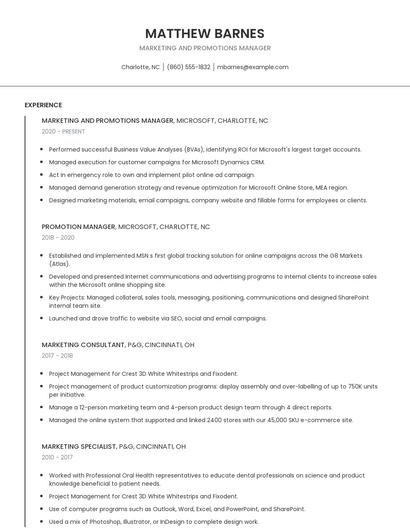 Marketing And Promotions Manager Resume