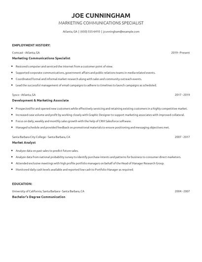 Marketing Communications Specialist Resume