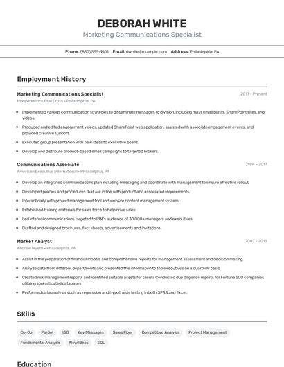 Marketing Communications Specialist Resume