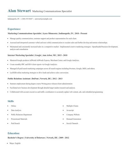 Marketing Communications Specialist Resume