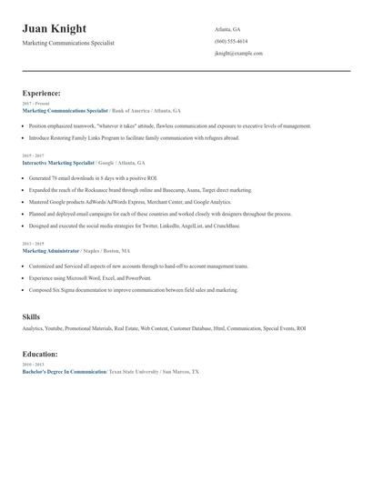 Marketing Communications Specialist Resume