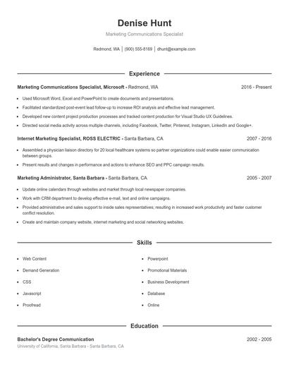 Marketing Communications Specialist Resume