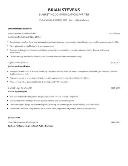 Marketing Communications Writer Resume