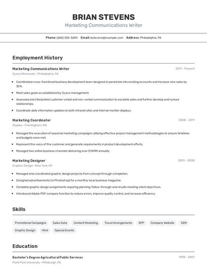 Marketing Communications Writer Resume