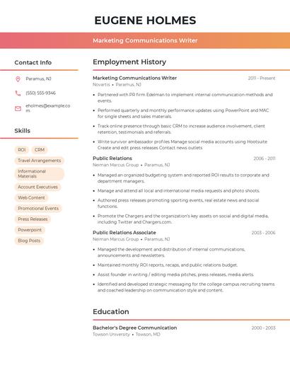 Marketing Communications Writer Resume