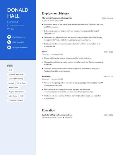 Marketing Communications Writer Resume