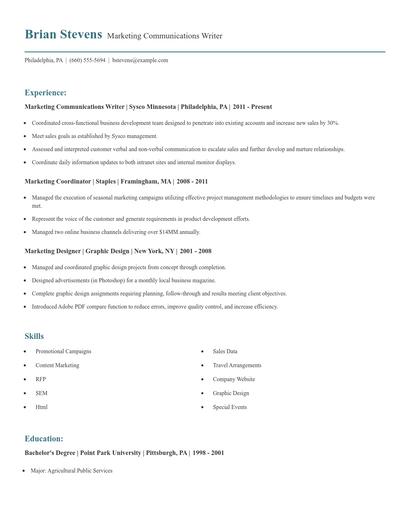Marketing Communications Writer Resume