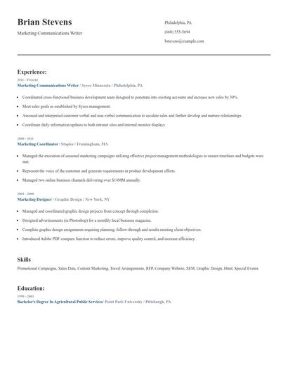Marketing Communications Writer Resume