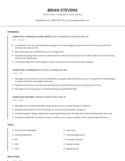 Marketing Communications Writer Resume