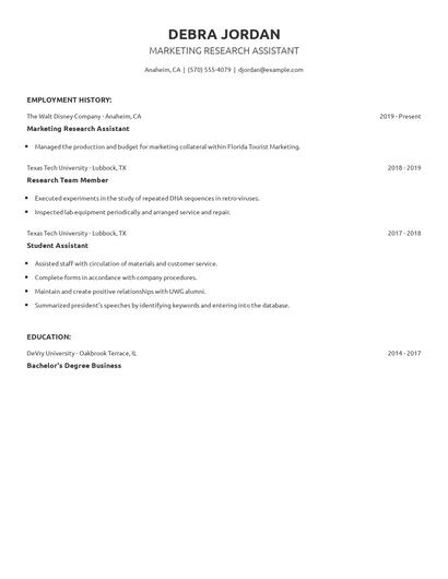 Marketing Research Assistant Resume