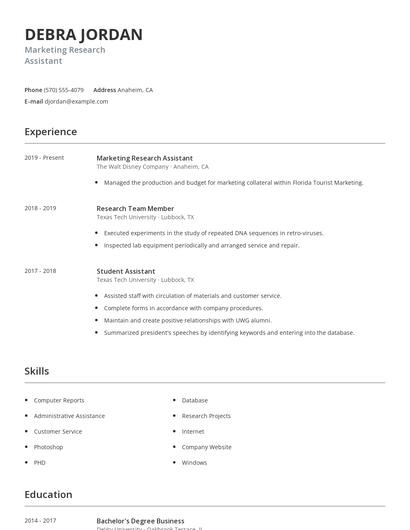 Marketing Research Assistant Resume