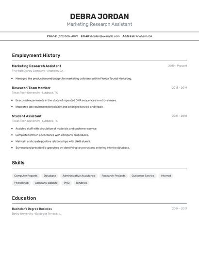Marketing Research Assistant Resume