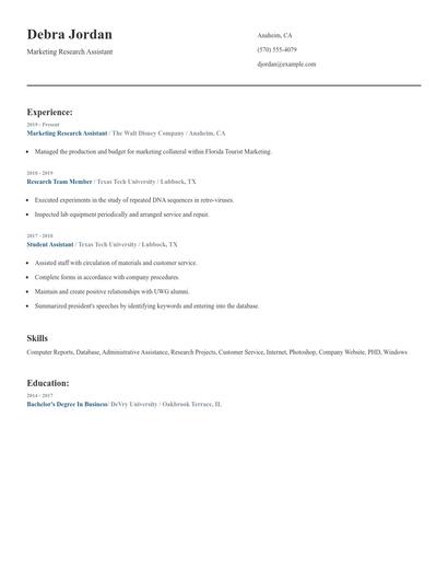 Marketing Research Assistant Resume