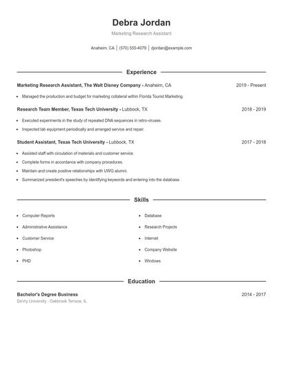 Marketing Research Assistant Resume