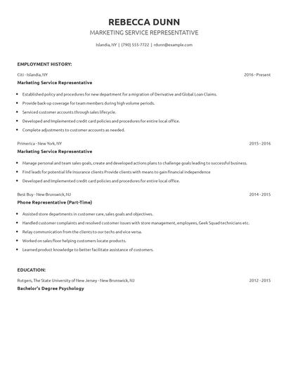 Marketing Service Representative Resume