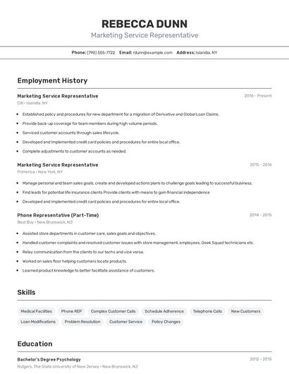 Marketing Service Representative Resume