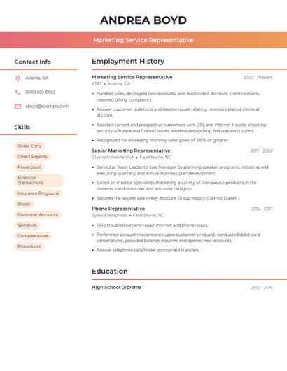 Marketing Service Representative Resume