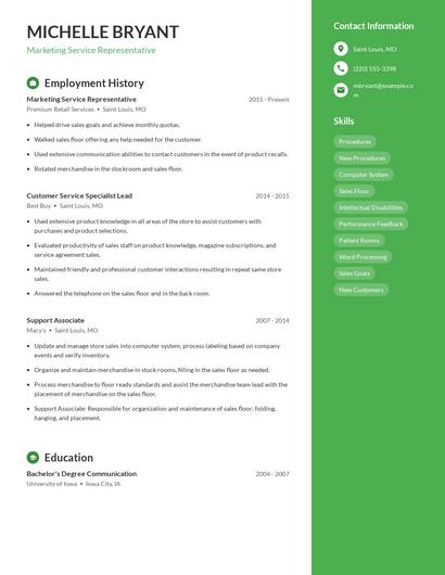 Marketing Service Representative Resume