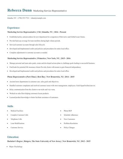 Marketing Service Representative Resume