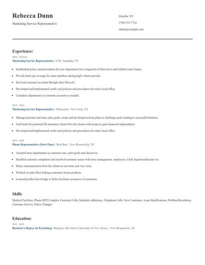 Marketing Service Representative Resume
