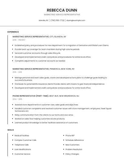 Marketing Service Representative Resume