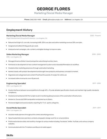 Marketing/Social Media Manager Resume